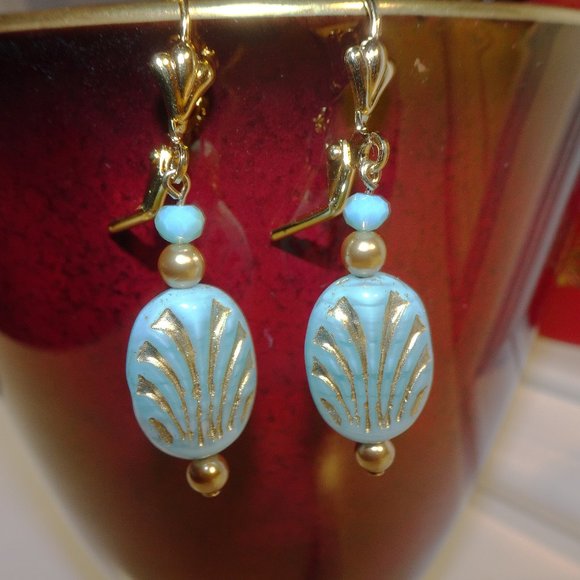Earrings in aqua and gold art deco fan design - Picture 5 of 6